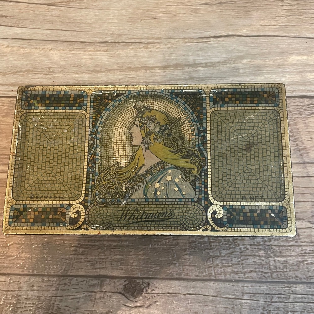 Vintage Whitman's Art Nouveau Mosaic Tin Chocolate Box Woman Profile Green Gold
